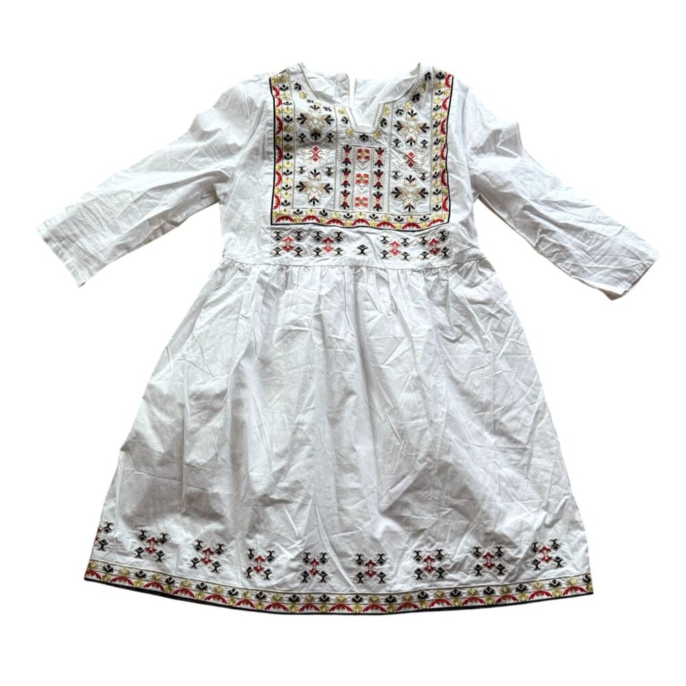 Embroidered Floral 3/4 Sleeves Tunic Dress Women's Ethnic Lightweight Boho White